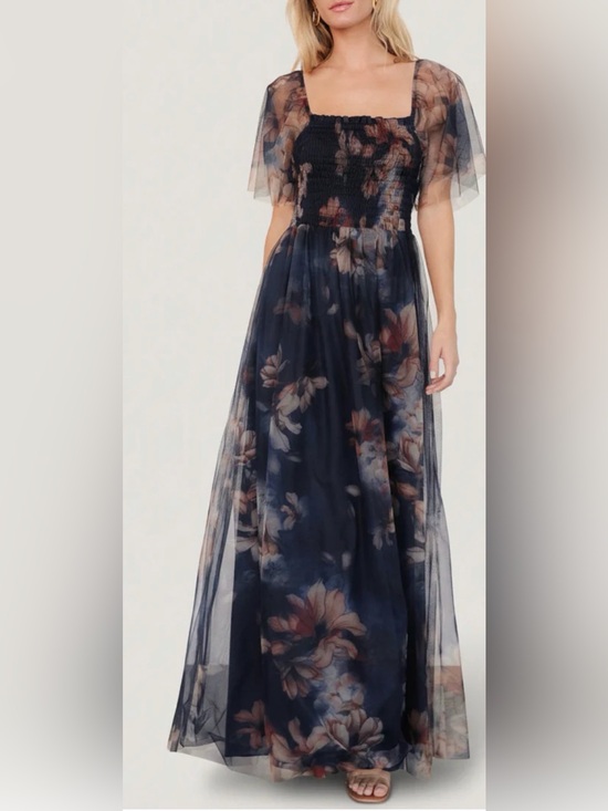 Baltic Born Dresses & Skirts - Baltic Born Navy Floral Maxi Dress with Sheer Puff Sleeves